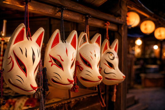 Kitsune fox masks hanging at night festival stall
