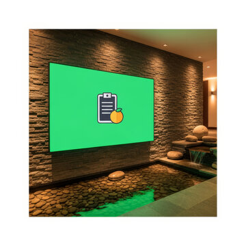 Digital signage green screen menu board on textured stone wall with indoor pebble pond in modern spa lobby for hospitality marketing