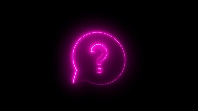 Neon pink glowing question mark inside speech bubble animation on black background
