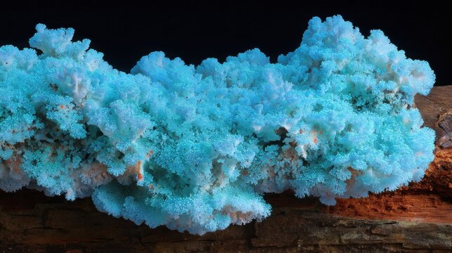 Vibrant blue fungus with intricate texture growing in a dark, possibly aquatic, environment