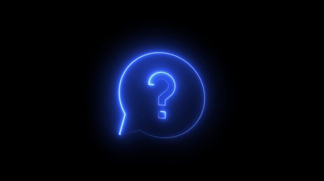 Glowing blue neon question mark inside speech bubble animation on black background