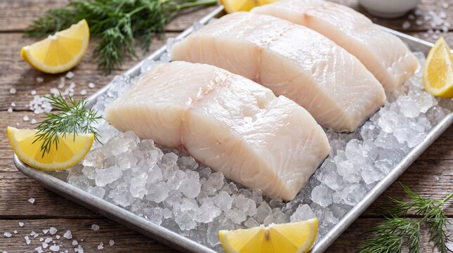 Fresh raw cod fillets on ice with lemon wedges and dill sprigs, seasoned with sea salt
