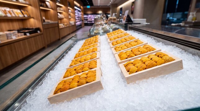 Freshly prepared sea urchin gonads displayed on crushed ice in wooden trays at market