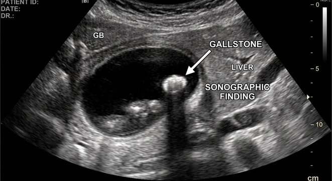 A gallstone was detected on ultrasonography. (Cholelithiasis)