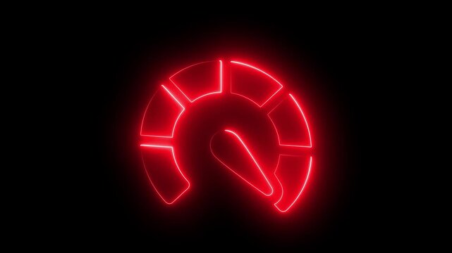 Glowing red neon speedometer gauge animation, digital performance indicator for loading and data transfer
