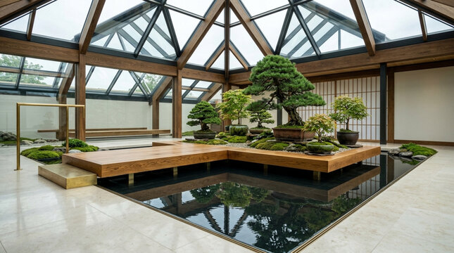 Serene Japanese Bonsai Garden with Reflecting Pool and Glass Roof