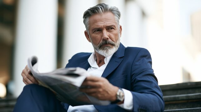 Mature Caucasian man in a blue suit sitting on steps reading a newspaper with a serious expression, modern architecture visible in the background