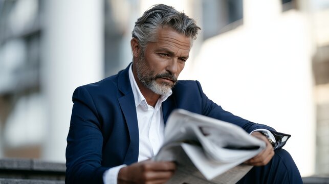 Mature man with gray hair in a blue suit reads a newspaper while sitting on steps outside a modern building in an urban environment