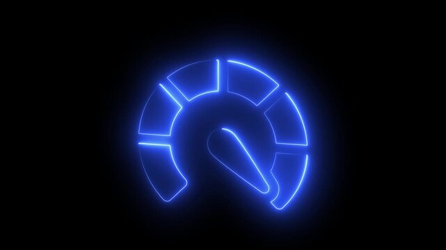 Neon blue speedometer gauge animation, digital performance dashboard loading progress indicator glowing