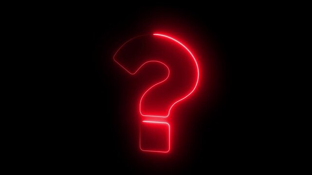 Glowing red neon question mark sign pulsing on black background, for mystery and, faq concepts