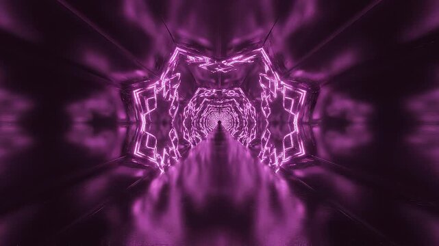 A symmetrical abstract pattern with glowing purple geometric shapes creating a futuristic.