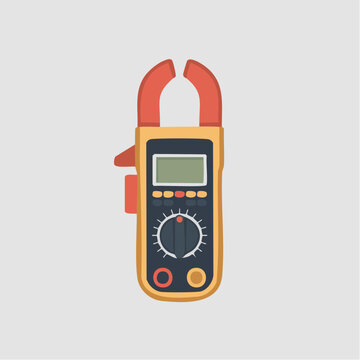 A flat vector illustration depicts a yellow and black electrical clamp meter on a gray.
