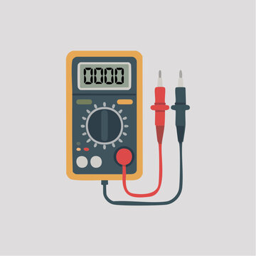 A flat vector illustration shows a yellow digital multimeter with red and black probes.