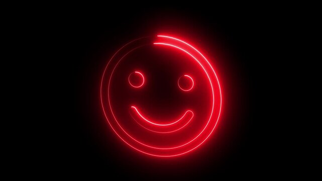 Red neon glowing smiley face animation on black background, emoji