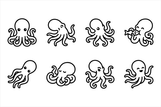 Cute octopus icon set in line art style with sea life tentacles wildlife