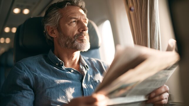 Mature man with gray hair reading newspaper while seated by airplane window, soft natural light illuminating his thoughtful expression during flight