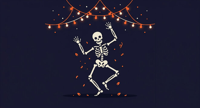Dancing skeleton character under decorative string lights for celebration