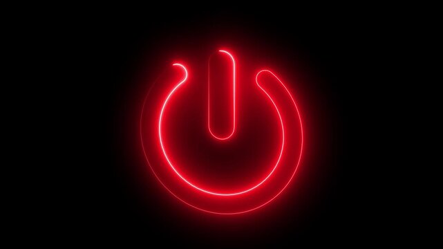 Red neon power button symbol glowing in dark background, digital interface concept