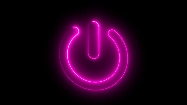 Neon pink power button symbol glowing on black background, digital technology interface animation