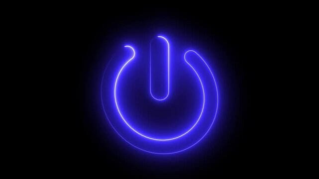 Neon blue power button symbol glowing in dark background, for technology and, digital interface