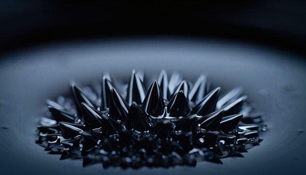 A dark ferrofluid forms sharp vertical spikes when exposed to a magnetic field on a flat reflective surface