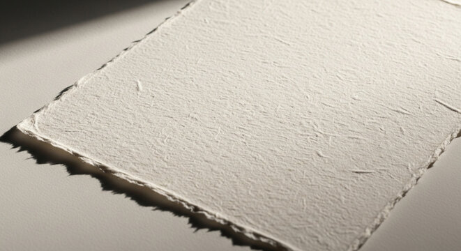 Textured Handmade Paper Sheet with Rough Deckle Edge, Soft Light
