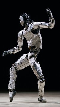 Humanoid robot performing a graceful dance move on a dark stage background