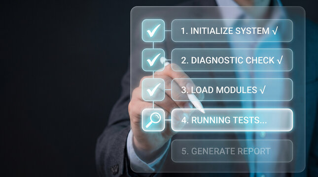 IT specialist checking system startup process with digital checklist screen showing system initialization diagnostic check loading modules and running tests concept