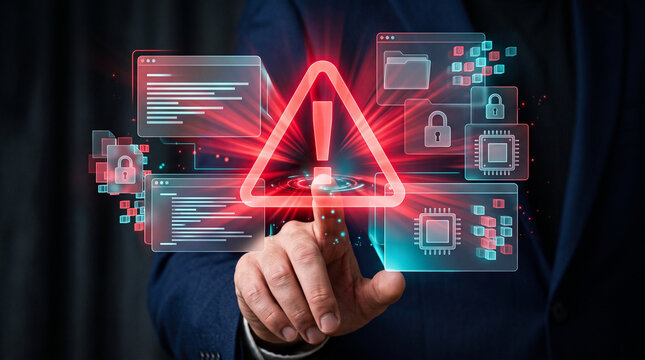 Businessman touching red alert warning sign on virtual interface for system error critical cyber attack ransomware malware server data breach and network security crisis concept