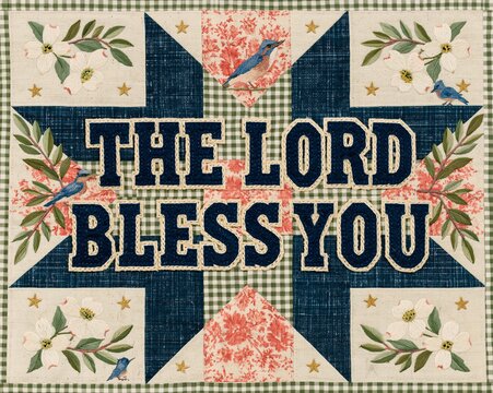 Traditional heirloom quilt block with The Lord Bless You text and floral bird pattern