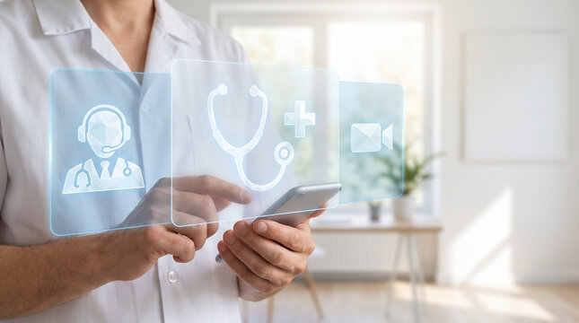 Doctor using smartphone with holographic interface icons of stethoscope video call and assistant for online medical consultation telemedicine and digital healthcare app concept