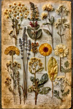 Antique herbarium specimen sheet with pressed dried medicinal flowers and vintage script