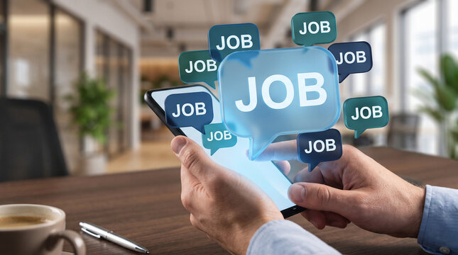 Man holding smartphone with holographic job speech bubbles for online recruitment employment search career opportunity and human resources hiring app concept