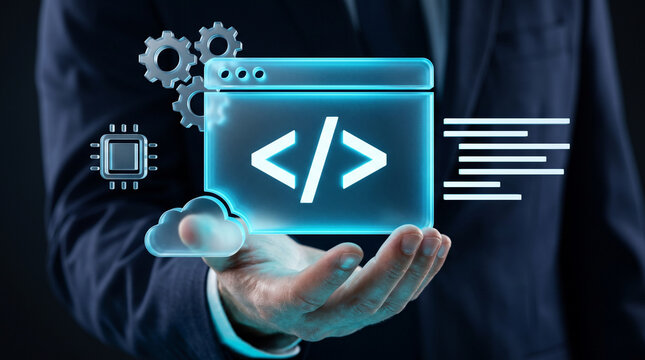 Businessman holding holographic web browser with coding tag gear microchip and cloud icons for web development software programming and cloud computing integration concept