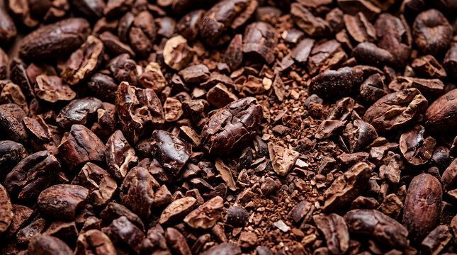Roasted cocoa beans texture background for chocolate making gourmet food and drink.
