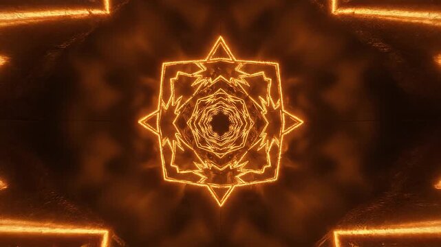 A glowing orange kaleidoscope pattern creates a symmetrical star-shaped fractal design.