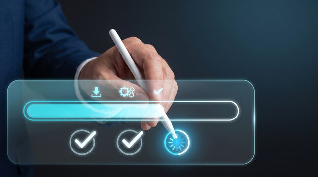 Businessman pointing stylus pen on digital loading progress bar with download cogwheels and checkmark icons for software update system installation and workflow concept