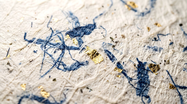 Abstract texture of white paper with blue ink splashes and gold flakes for artistic background.