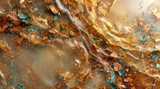 Liquid gold and teal metallic flakes abstract background for luxury cosmetic product displays.
