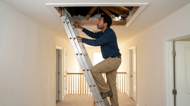 A man is climbing a metal ladder into an attic space. He is wearing a blue shirt and khaki pants.
