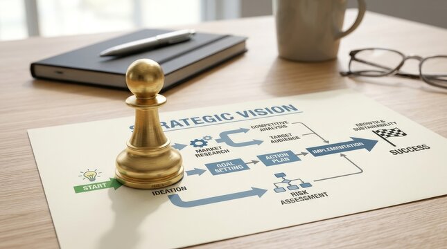A wooden table displays a strategic vision plan with a chess piece, a pen, and a mug.