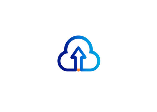 Modern cloud computing logo with an upward arrow symbol representing data upload and network storage on a white background