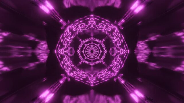 A vibrant purple kaleidoscope pattern creates a symmetrical tunnel effect with glowing.
