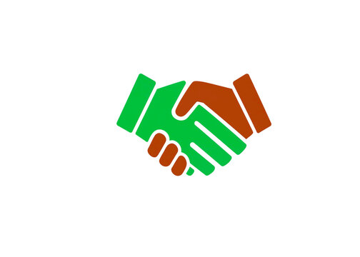 Green and brown hands shaking in a partnership agreement icon representing cooperation, business success and mutual trust in a professional deal
