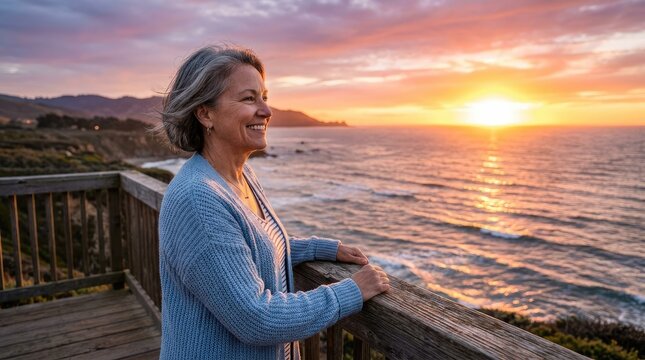 A smiling older woman stands on a wooden deck overlooking the ocean at sunset. She is wearing a blue cardigan and gazing out at the vibrant sky and water.
