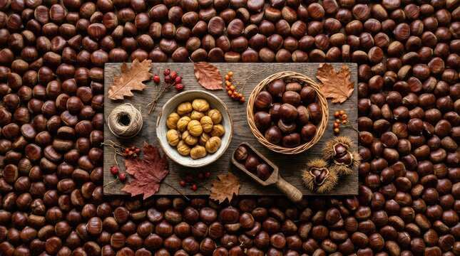 A rustic wooden tray is covered with a dense layer of chestnuts.