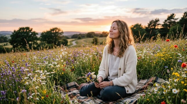 A woman sits peacefully in a wildflower meadow, holding a small bouquet of flowers.