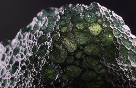 Extreme macro close-up of raw Bohemian moldavite tektite specimen extreme hedgehog surface sculpture with deep pitting and grooved dissolution texture