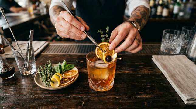 Bartender Garnishing Cocktail with Orange Slice and Cherry