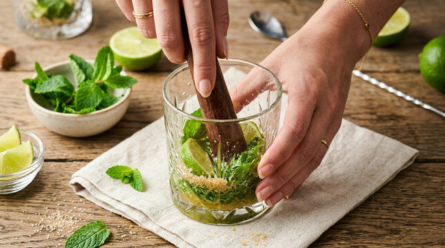 Bartender Muddle Mint Lime Sugar for Mojito Cocktail